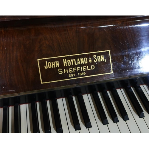 423 - Walnut cased upright piano, inlaid with boxwood and mother and pearl, by John Hoyland and Sons Sheff... 