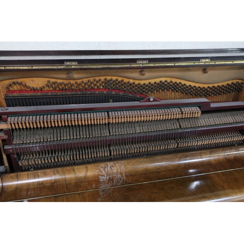 423 - Walnut cased upright piano, inlaid with boxwood and mother and pearl, by John Hoyland and Sons Sheff... 