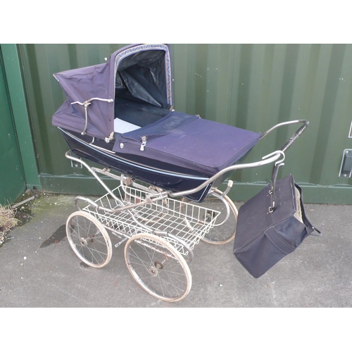 428 - Silver Cross childs pram, blue body on chrome folding base, with cover, net, bag and rack