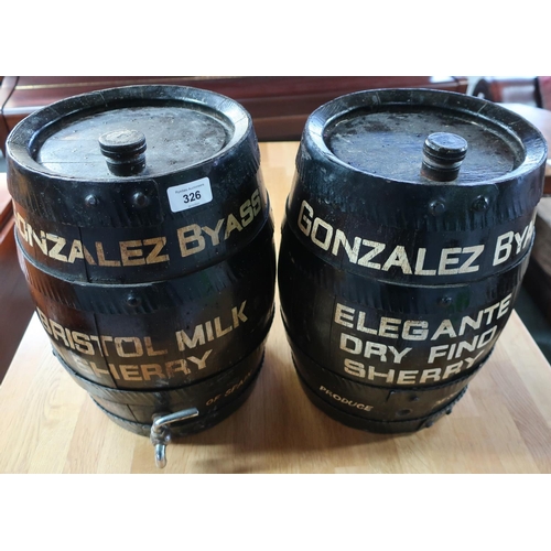 432 - Pair of small Spanish Gonzalez Byass sherry barrels for Bristol Milk, and Elegante dry Fino  (2)