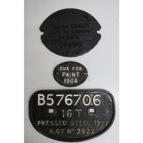 125 - Three cast iron wagon plates, B576706, Due For Paint 1964, and BRM20T registered 1954 (28cm x 16cm) ... 