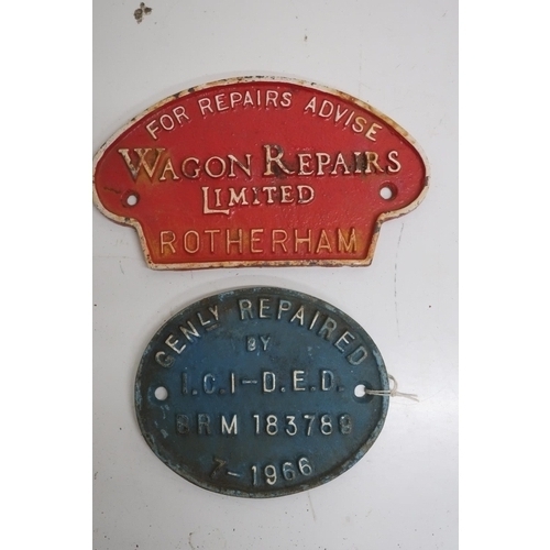 127 - Two cast iron wagon plates for Repairs, Advice, Rotherham and Repaired by Ici-Ded 7 1966 (2)