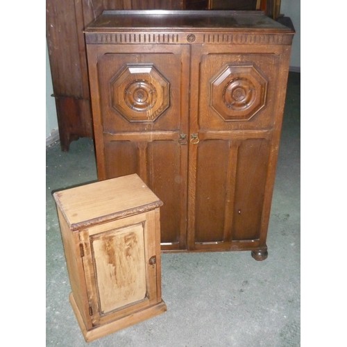 458 - 20th C oak tallboy, two carved and panelled doors enclosing partly fitted interior, and a Victorian ... 