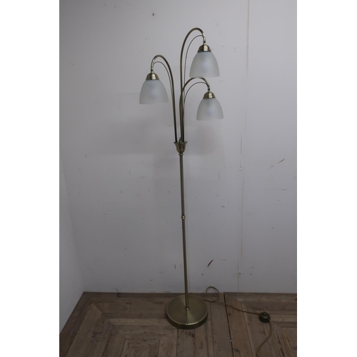 444 - Brushed gilt finish modern standard lamp with three opaque glass shades and floor switch (height 164... 