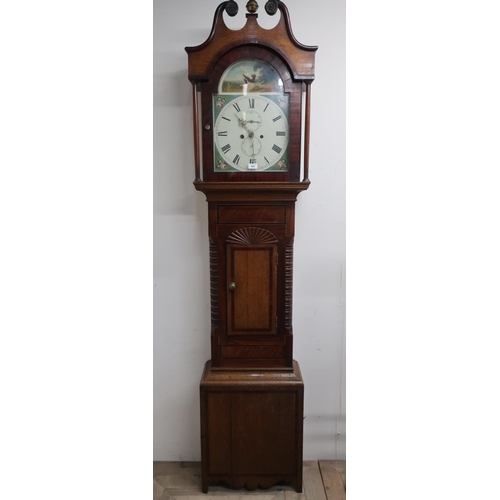 447 - 19th C mahogany long cased clock, painted roman dial, fan carved detail, bracket feet, eight day mov... 