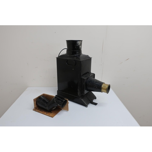 452 - Magic lantern in black Jappaned case, brass lens, wooden slide carrier etc, now converted to electri... 