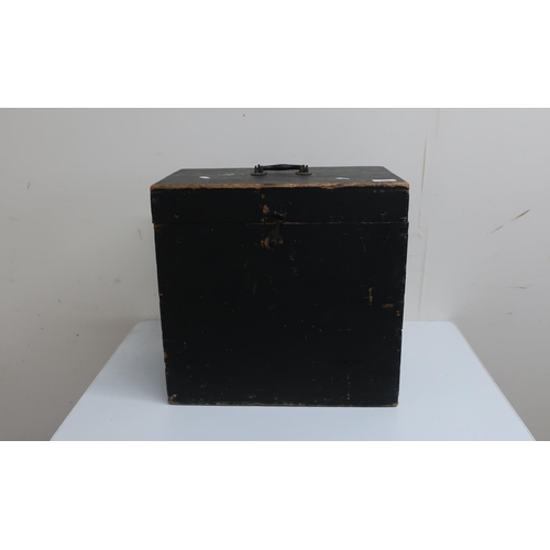 452 - Magic lantern in black Jappaned case, brass lens, wooden slide carrier etc, now converted to electri... 