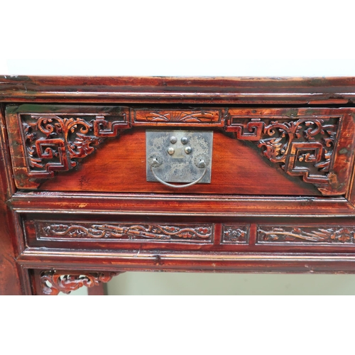 93 - Chinese altar table, overhanging top with two drawers with carved detail above similar frieze on squ... 