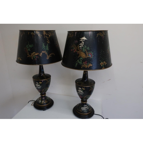 455 - Pair of Toleware table lamps, the urn shaped bodies decorated with Oriental figures and pagodas in g... 