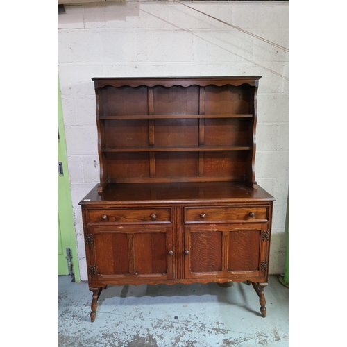 456 - Oak dresser, two height plate rack over two cupboards and two drawers, and a set of four oak dining ... 