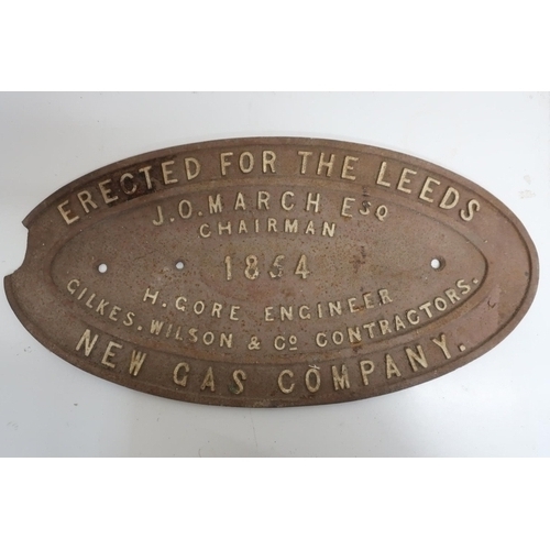 7 - Large Victorian oval cast iron plaque erected for the Leeds New Gas Company J.O. March, Esquire, Cha... 