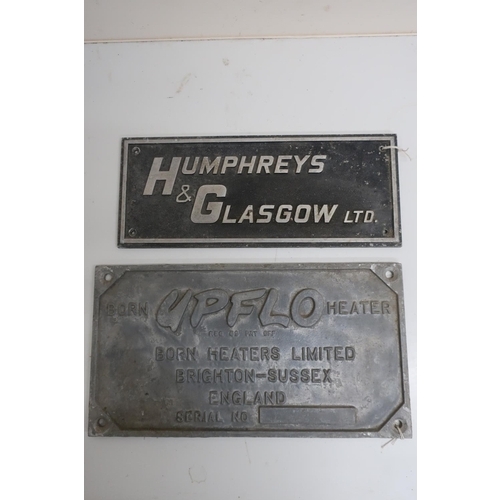 8 - Cast alloy rectangular name plate, Humphreys & Glasgow Ltd (36cm x 15cm) and another Born Upflo Heat... 