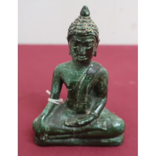 40 - Small Tibetan green patinated bronze model of a seated goddess, with gilt headdress (10cm)