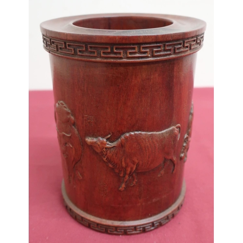 41 - Chinese hardwood cylindrical brush pot, relief carved with cattle and character marks, within a Gree... 
