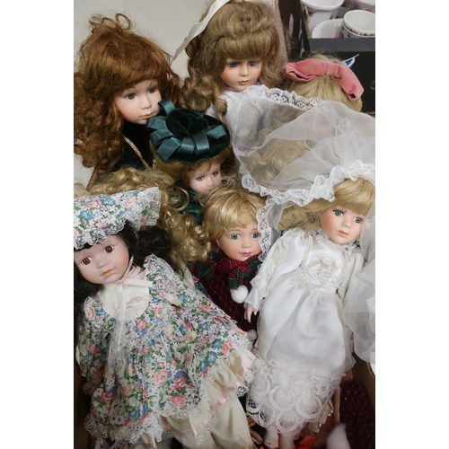 46 - Collection of bisque head fashion and character dolls including a bride (9)