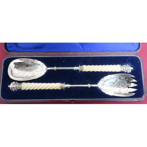 17 - Pair of Victorian EPNS salad servers, with barley twist ivory turned handles and crown finials, in f... 