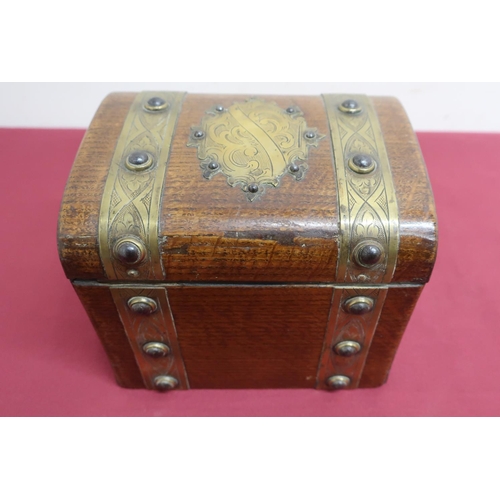 22 - Late Victorian oak correspondence box, brass strap work & cartouche decorated with cabachon, with si... 