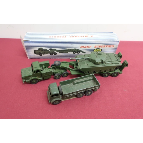 25 - Dinky Supertoys Tank Transporter 660 with Centurion tank in blue striped box, and a Dinky Toys 10 to... 