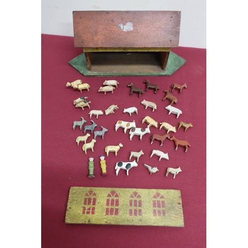 26 - Early 20th C naïve painted Noah's Ark, and a collection of carved wooden and painted animals (57cm x... 