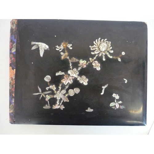 118 - Japanese photograph album with painted interior pages and Mother of Pearl inlaid cover, and an engra... 