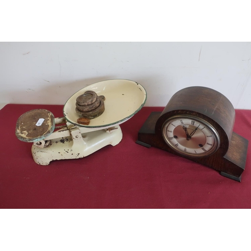 103 - Smith's oak cased striking mantel clock, oak case with floating balance, enameled pair of kitchen sc... 