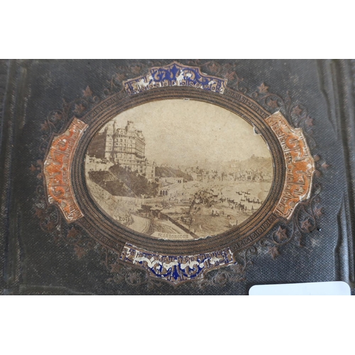 106 - Late Victorian canvas bound Scarborough souvenir box with oval inset photographic panel depicting Th... 