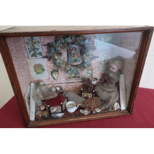 114 - Framed and glazed cabinet diorama depicting a Victorian sitting room interior with collectables