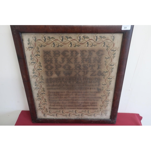 51 - Late Victorian needlework sampler by Esther Anne Loudan in rosewood frame (49cm x 55cm)