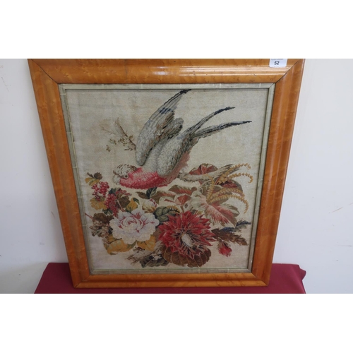 52 - Late Victorian needlework panel depicting a parakeet perched on a branch surrounded by exotic flower... 