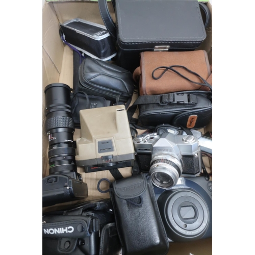 87 - Box of various cameras including Polaroid land camera, Zenith 122, Fuji Instax 100, Aires Reflex 35,... 