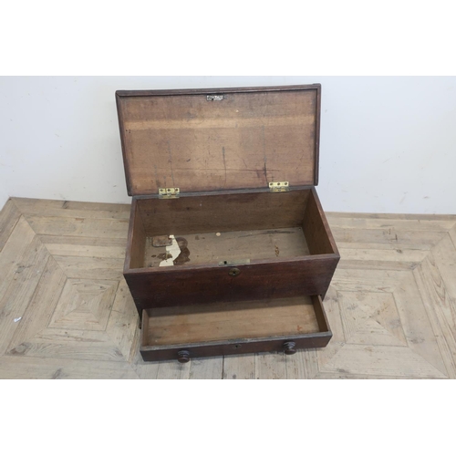 22 - Small Geo. III planked oak mule chest, with hinged lid and the single drawer with turned wooden hand... 