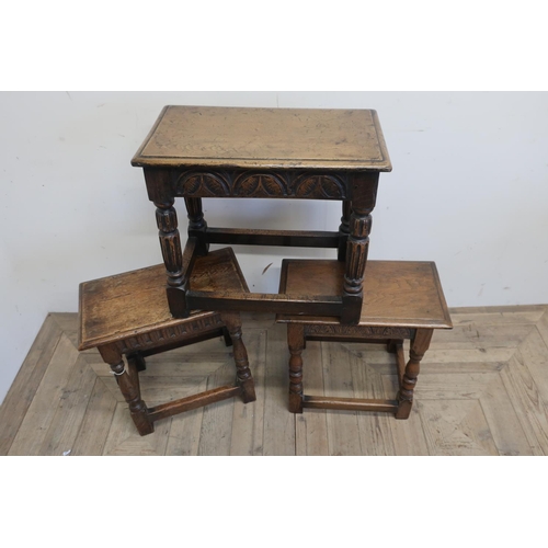 24 - 17th C style oak joint stool, moulded top and arcade carved frieze on reeded supports joined by stre... 