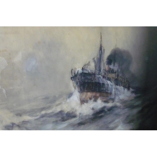 49 - Frank Henry Mason (Staithes Group 1875-1965): Steam ship labouring in a stormy sea, watercolour, sig... 