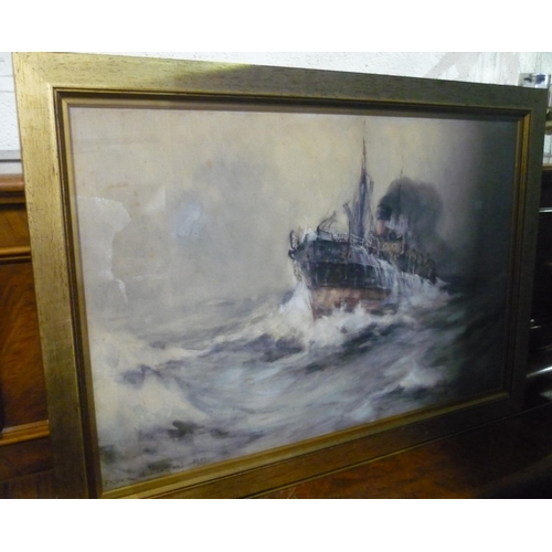 49 - Frank Henry Mason (Staithes Group 1875-1965): Steam ship labouring in a stormy sea, watercolour, sig... 