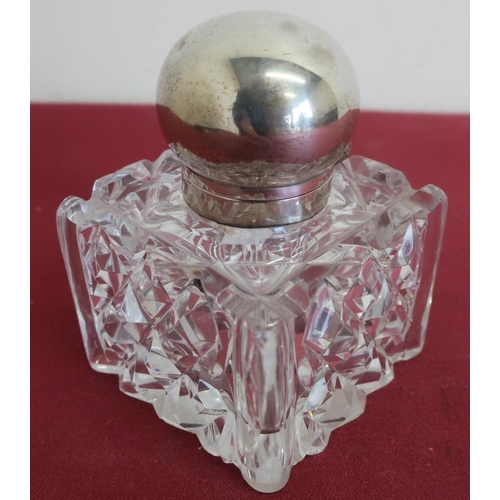 145 - Late Victorian silver hallmarked hobnail cut glass square inkwell with hinged cover, Birmingham 1892... 