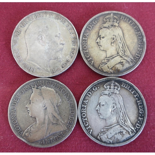 146 - Silver crowns; Edward IIV 1902, Victorian 1889, 94 & 89 (4)
