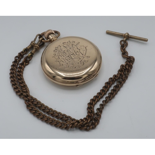 54 - Waltham Hunter pocket watch and chain, rolled gold monogrammed case with presentation inscription, m... 