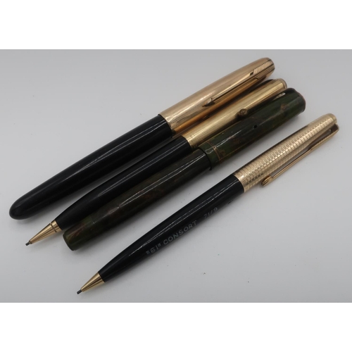 57 - Parker fountain pen, green brown marbleized body, with 14k nib, Parker Consort propelling pencil, bl... 