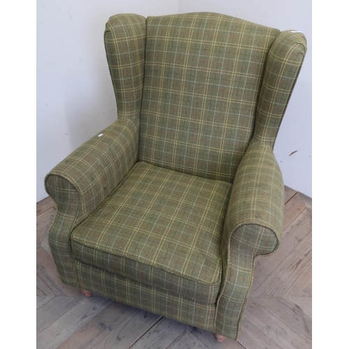 128 - Next tweed check upholstered wingback armchair on turned light wood support