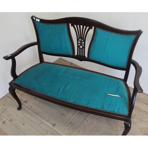 129 - Edwardian mahogany framed two seat settee with upholstered seat (some damage) and two back panels wi... 