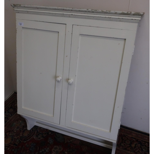 131 - Victorian painted pine wall cupboard, enclosed by two pine cupboard doors (78.5cm x 27cm x 101cm)