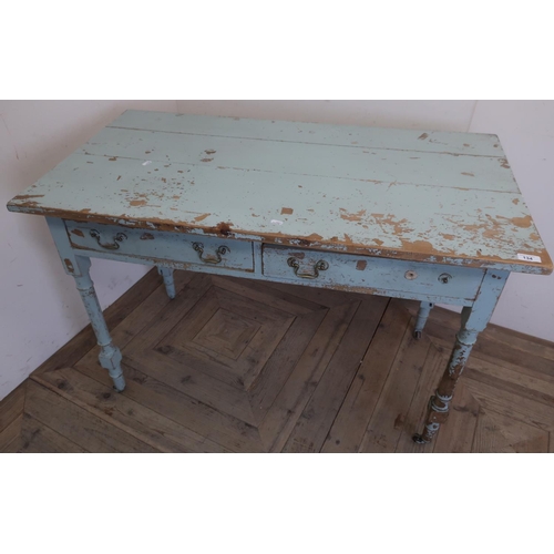 134 - Late Victorian painted pine two drawer side table on turned supports (112cm x 59cm x 76cm)