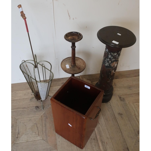 77 - Metal work umbrella stand in the form of an upside down umbrella, rectangular wooden twin handled st... 