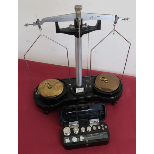 78 - Cased set of balance scales, marked Tocmemp, 1963 and a Bakelite cased set of weights