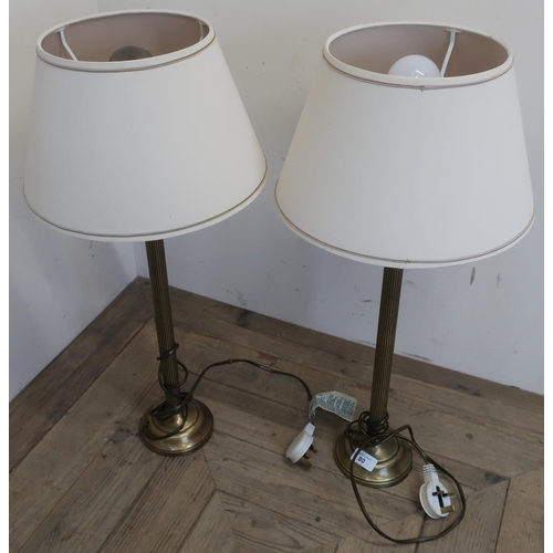80 - Pair of modern brushed metal column table lamps with shades (H65cm)
