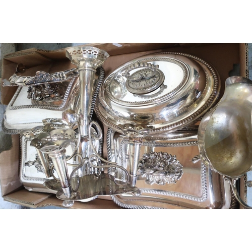 119 - Three matching silver plated entree dishes and covers with gadroon borders, an oval plated entree di... 