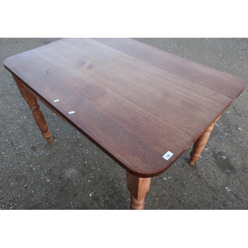 139 - Victorian pine kitchen table on turned support, with later added top and single drawer to one end (8... 
