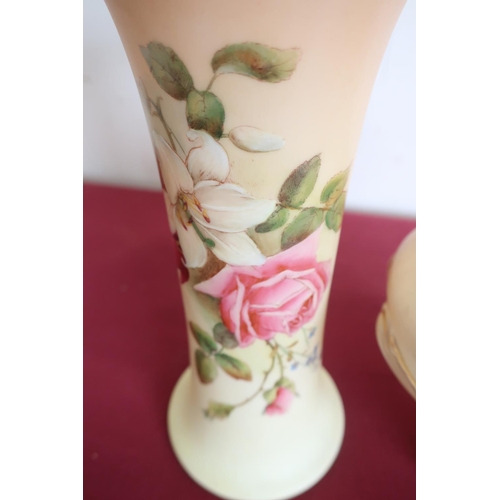 62 - Royal Worcester trumpet shaped vase, body painted with pink roses and other garden flowers on a blus... 