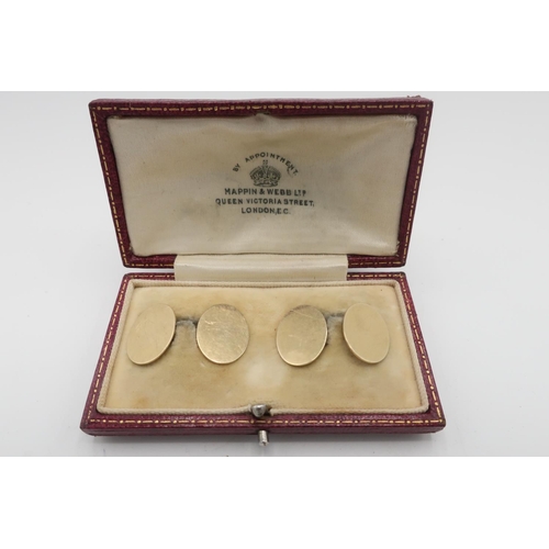 101 - Pair of 9ct gold hallmarked plain oval cuff-links, in Mappin & Webb box, 5.6g