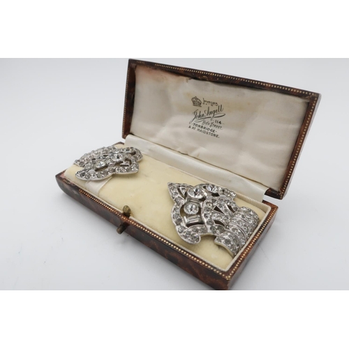 103 - Pair of Continental silver hallmarked paste set clips, stamped 935 in fitted case and a brooch clip ... 